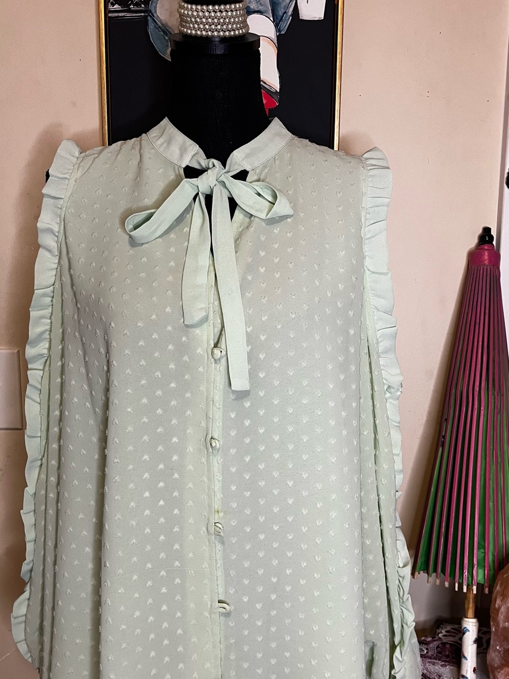 entro Pale Mint Tie-Neck Ruffle Sleeve Long-Sleeve Dress